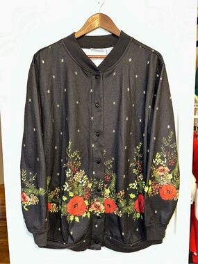 Vintage Blair fleece lined Floral Christmas Bomber Jacket Black size large